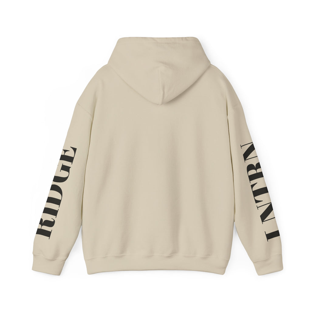Back of the Sand Mountain Lake Hoodie, showing the lettering down both sleeves