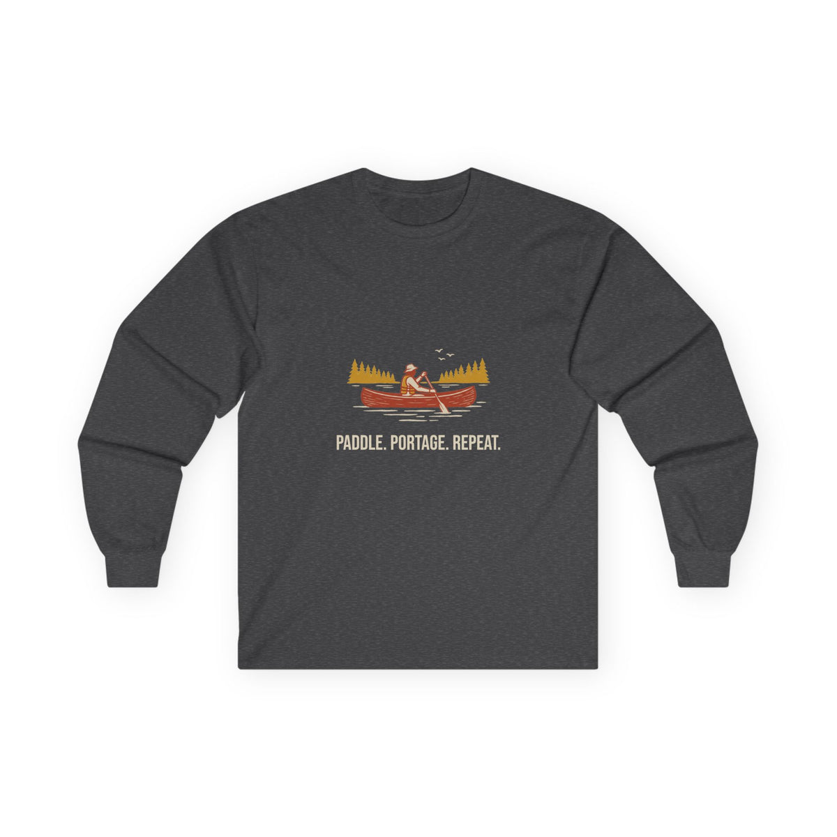 Paddle Portage Long Sleeve Tee in Dark Heather, front view with a canoe paddler graphic above the words 'Paddle. Portage. Repeat.'