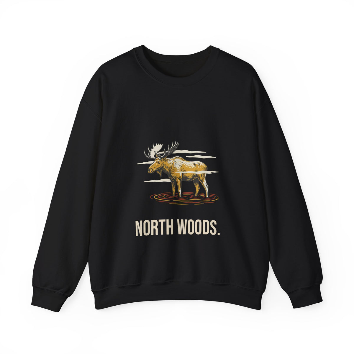 North Woods Moose Crewneck in Black, front view with a bull moose standing in a misty lake above the words 'North Woods.'