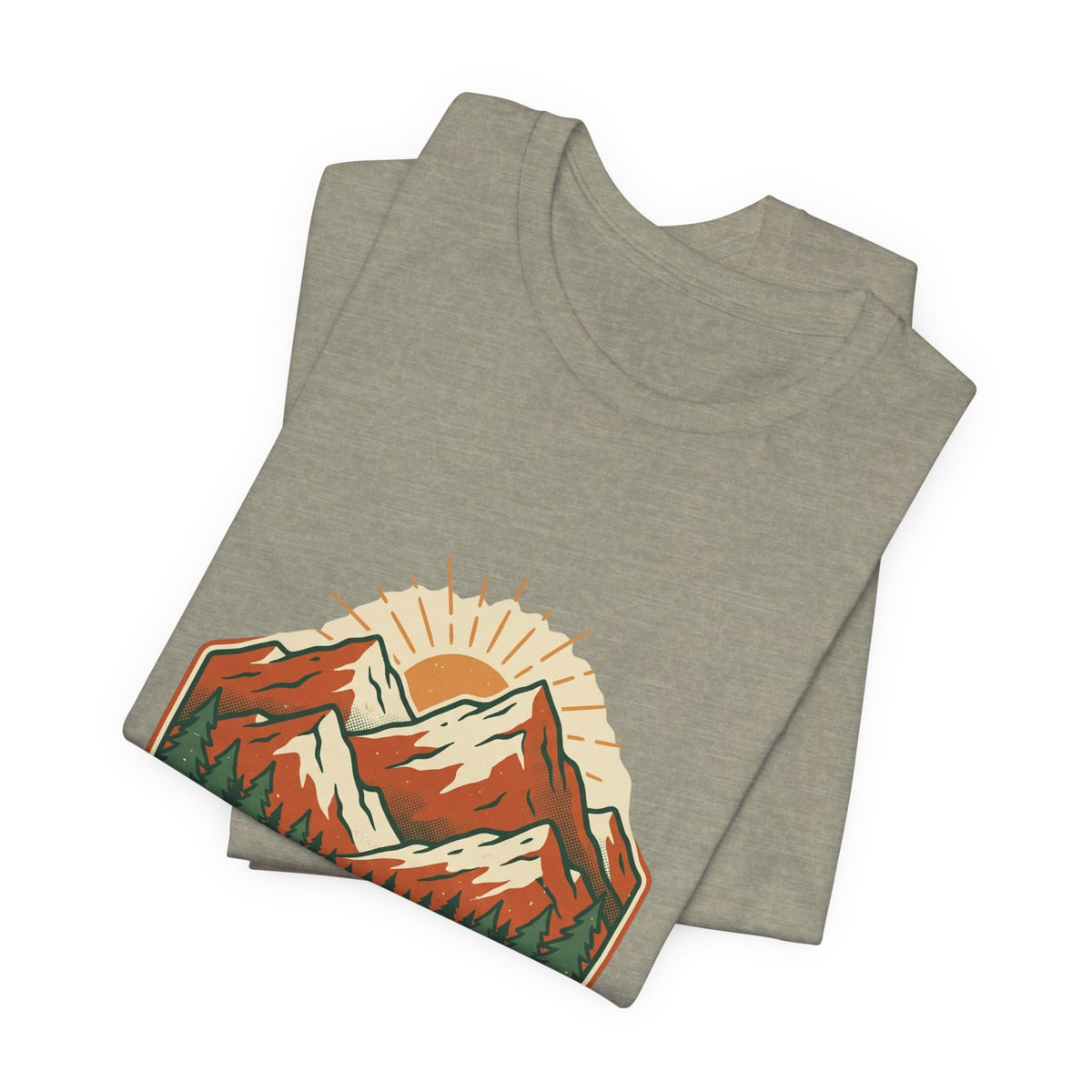 Heather Stone Mountain Sunrise Tee folded to show the mountain sunrise graphic
