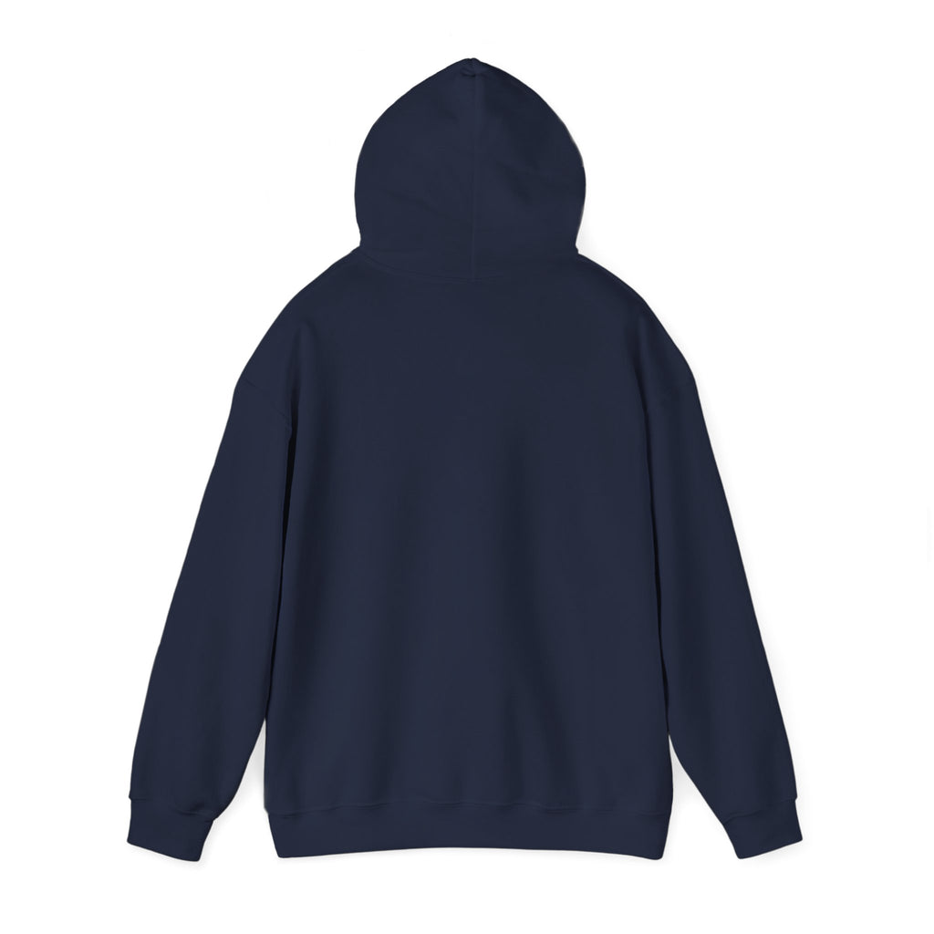 Back of the Navy Home Is Where I Park It Hoodie with the hood up