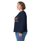 Model wearing the Navy Paddle Portage Long Sleeve Tee, side view