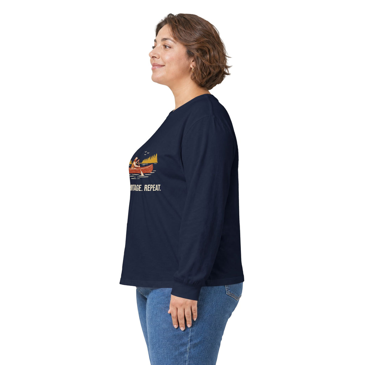 Model wearing the Navy Paddle Portage Long Sleeve Tee, side view