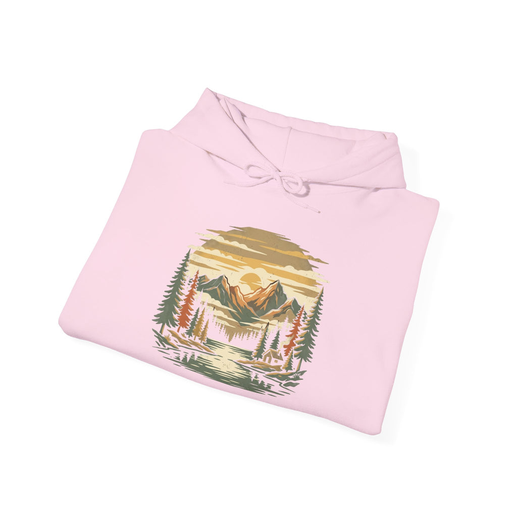 Light Pink Mountain Lake Hoodie folded to show the mountain lake chest graphic