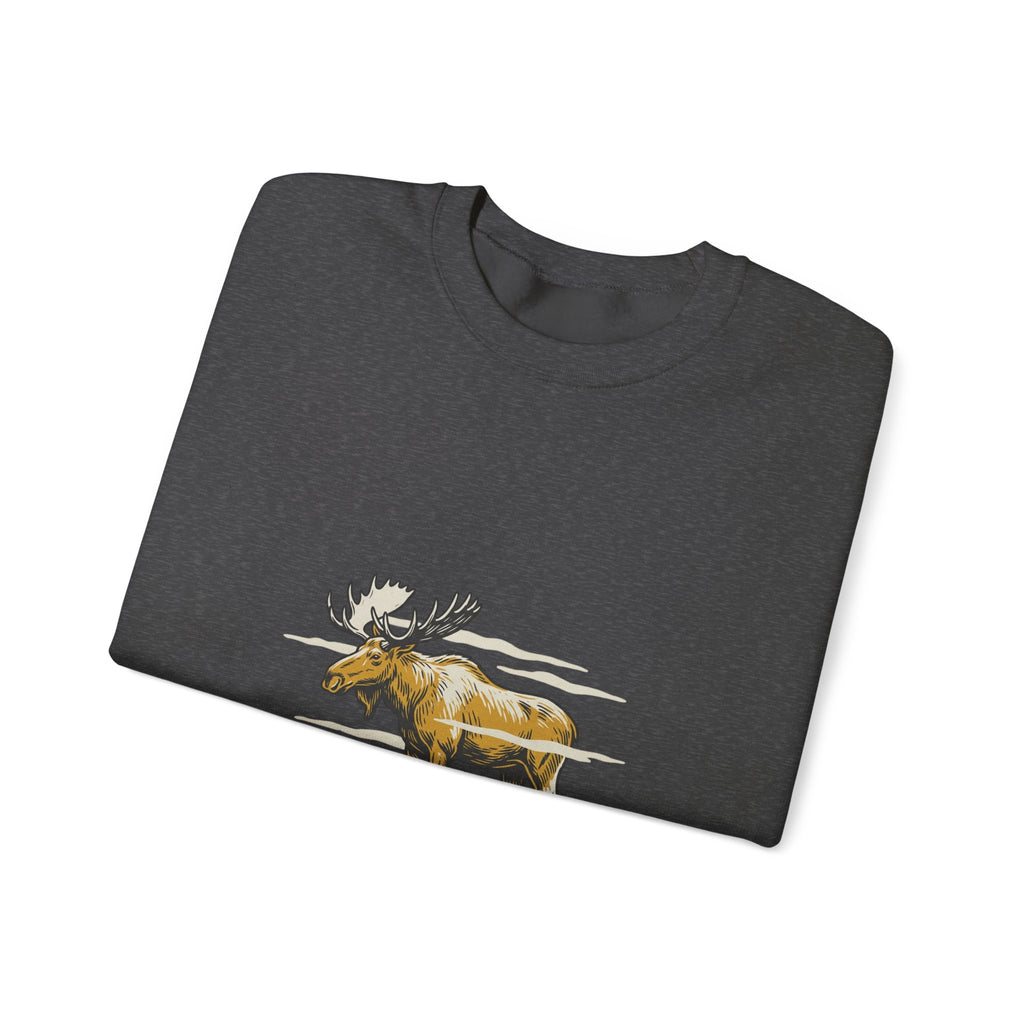 Dark Heather North Woods Moose Crewneck folded to show the moose graphic