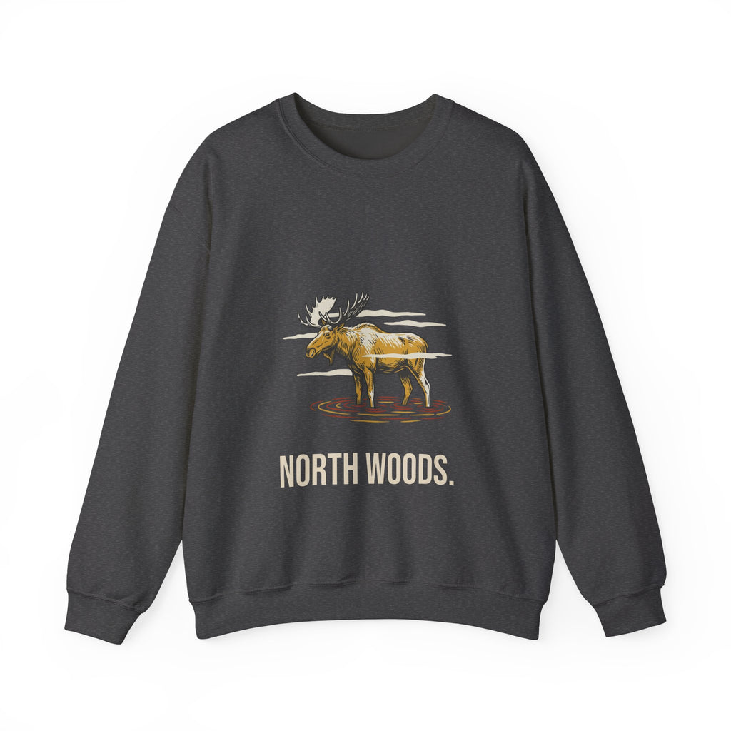 North Woods Moose Crewneck in Dark Heather, front view with a bull moose standing in a misty lake above the words 'North Woods.'