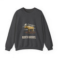 North Woods Moose Crewneck in Dark Heather, front view with a bull moose standing in a misty lake above the words 'North Woods.'