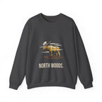 North Woods Moose Crewneck in Dark Heather, front view with a bull moose standing in a misty lake above the words 'North Woods.'
