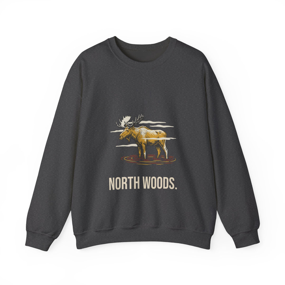North Woods Moose Crewneck in Dark Heather, front view with a bull moose standing in a misty lake above the words 'North Woods.'