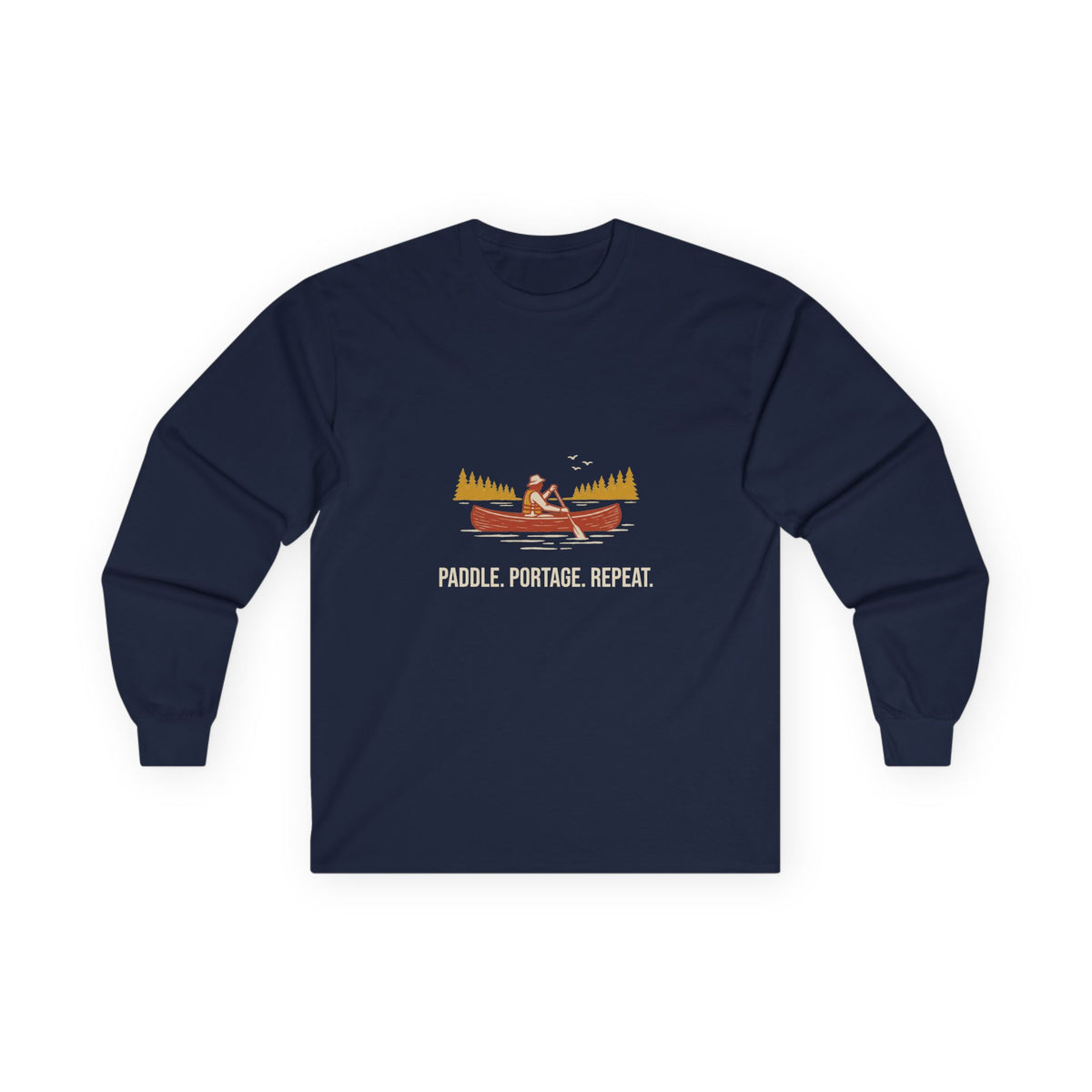 Paddle Portage Long Sleeve Tee in Navy, front view with a canoe paddler graphic above the words 'Paddle. Portage. Repeat.'