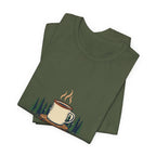 Military Green Cold Camp, Good Coffee Tee folded to show the coffee mug graphic