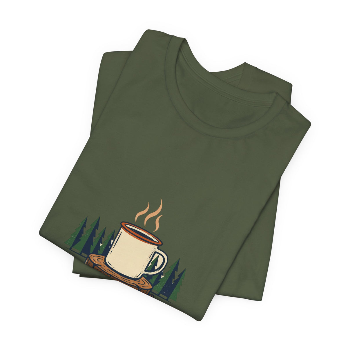 Military Green Cold Camp, Good Coffee Tee folded to show the coffee mug graphic