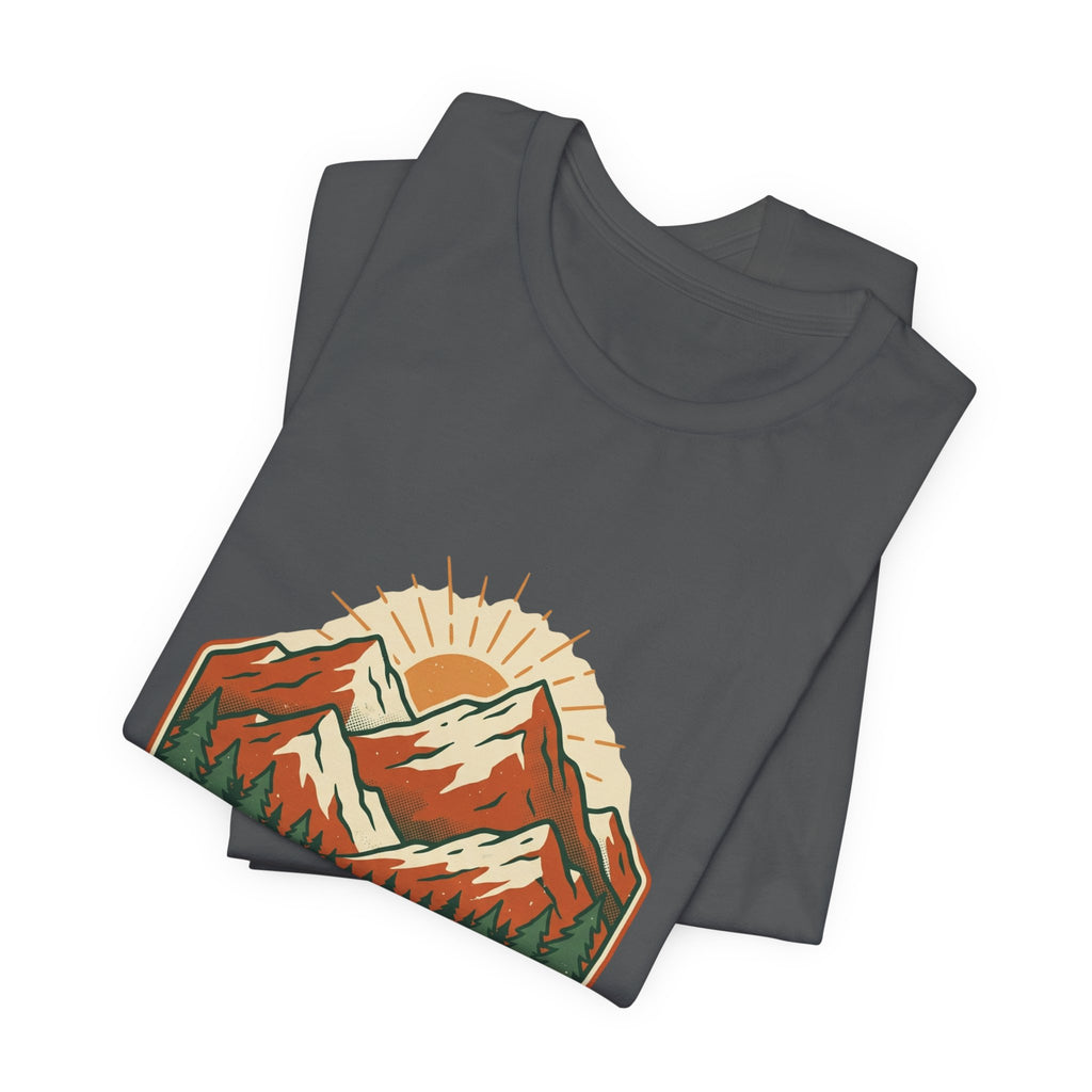 Asphalt Mountain Sunrise Tee folded to show the mountain sunrise graphic