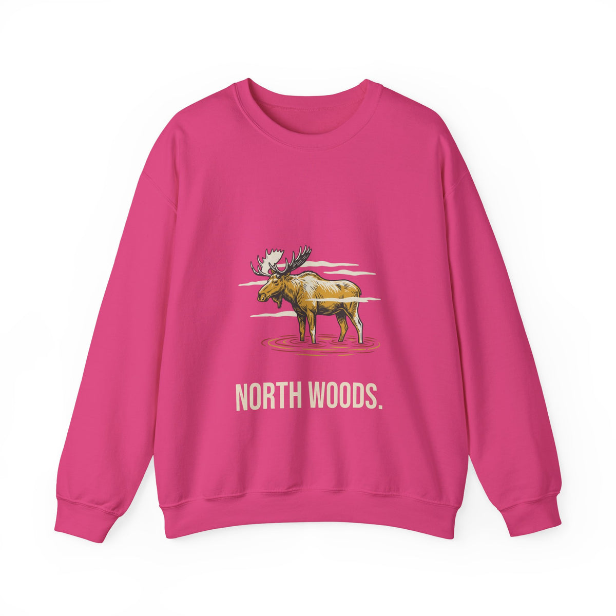 North Woods Moose Crewneck in Heliconia, front view with a bull moose standing in a misty lake above the words 'North Woods.'