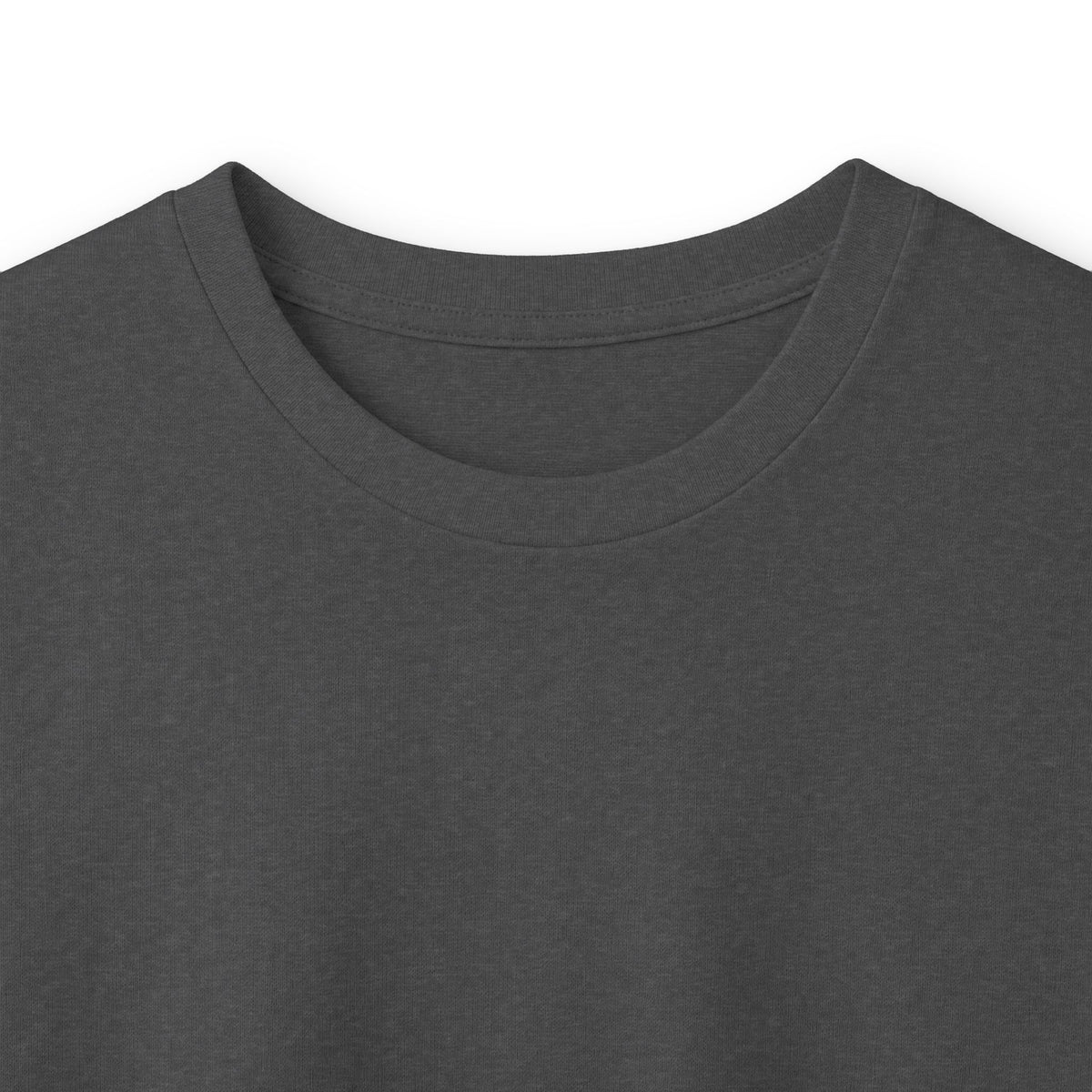 Close-up of the collar and fabric on the Dark Heather Paddle Portage Long Sleeve Tee