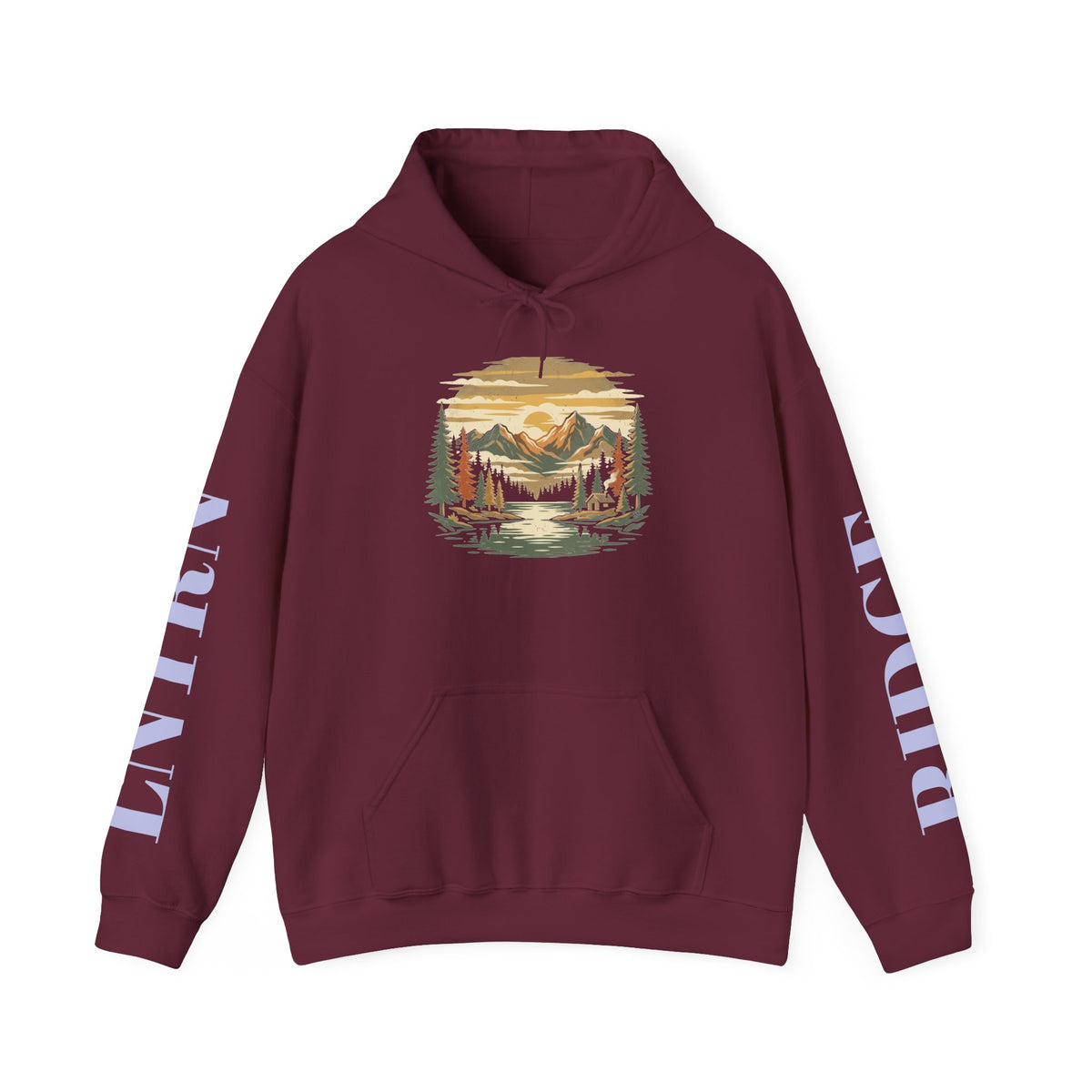 Mountain Lake Hoodie in Maroon, front view with a vintage mountain lake and evergreen graphic on the chest and lettering down the sleeves