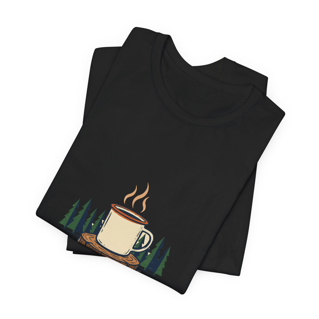 Black Cold Camp, Good Coffee Tee folded to show the coffee mug graphic