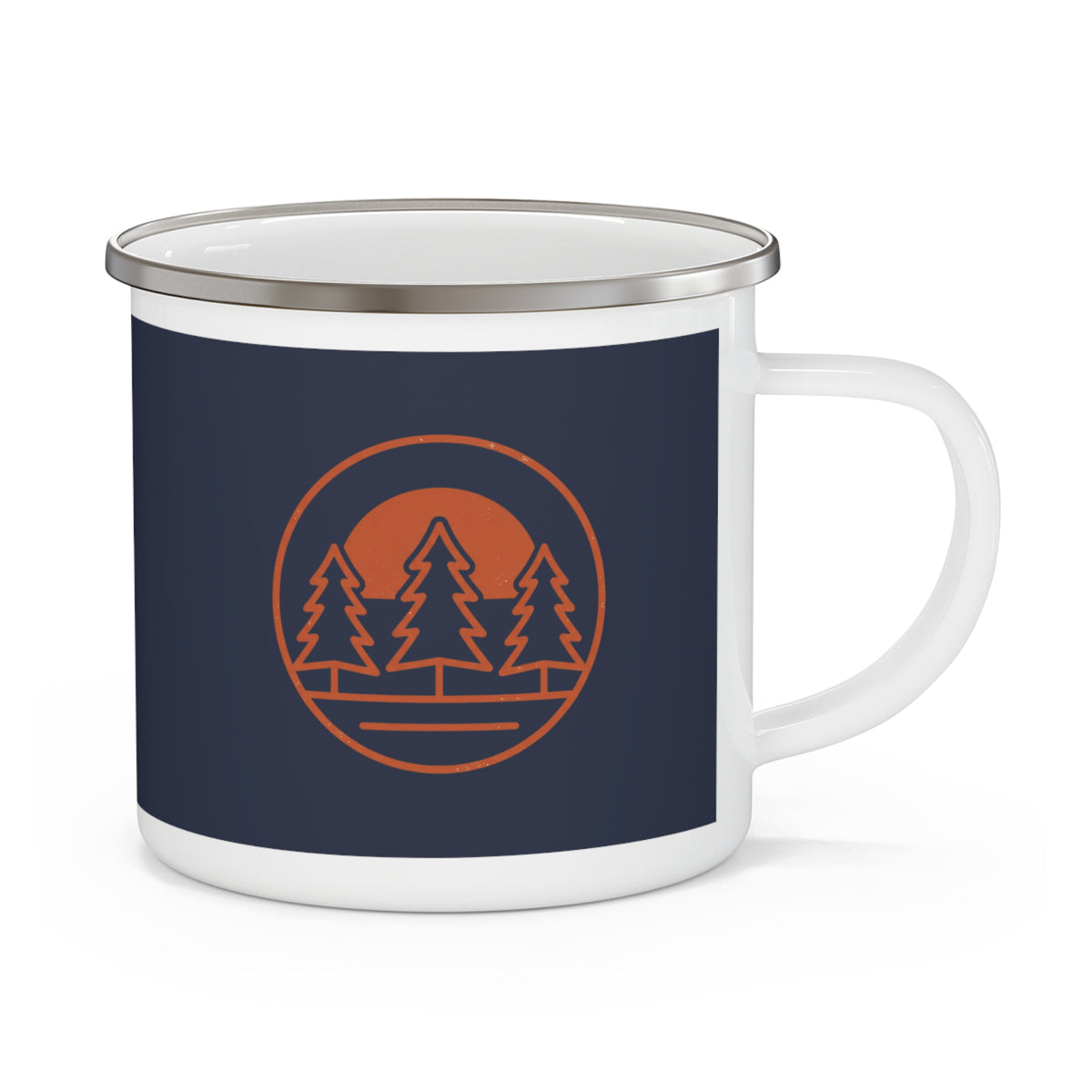 Back of the navy enamel camp mug with an orange pine forest and sunrise badge