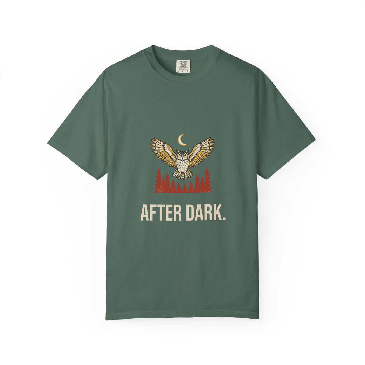 After Dark Owl Tee in Blue Spruce, front view with a great horned owl over the pines under a crescent moon and the words 'After Dark.'