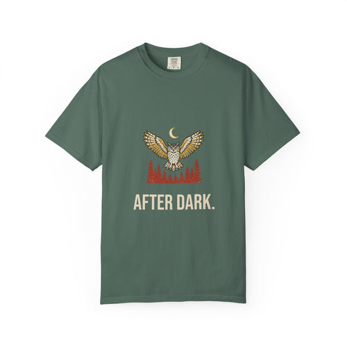 After Dark Owl Tee in Blue Spruce, front view with a great horned owl over the pines under a crescent moon and the words 'After Dark.'