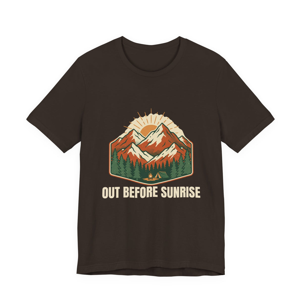 Mountain Sunrise Tee in Brown, front view with a retro mountain sunrise and evergreen graphic above the words 'Out Before Sunrise'