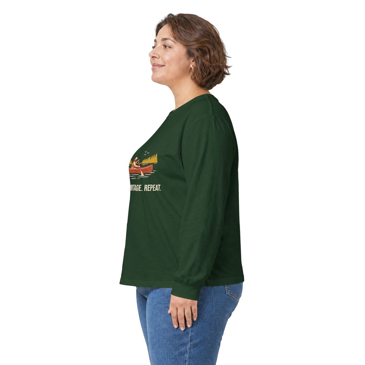 Model wearing the Forest Green Paddle Portage Long Sleeve Tee, side view
