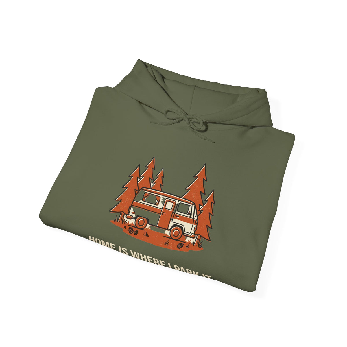 Military Green Home Is Where I Park It Hoodie folded to show the camper van graphic