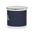 Side view of the navy Coffee Tastes Better Outside enamel camp mug