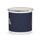 Side view of the navy Coffee Tastes Better Outside enamel camp mug