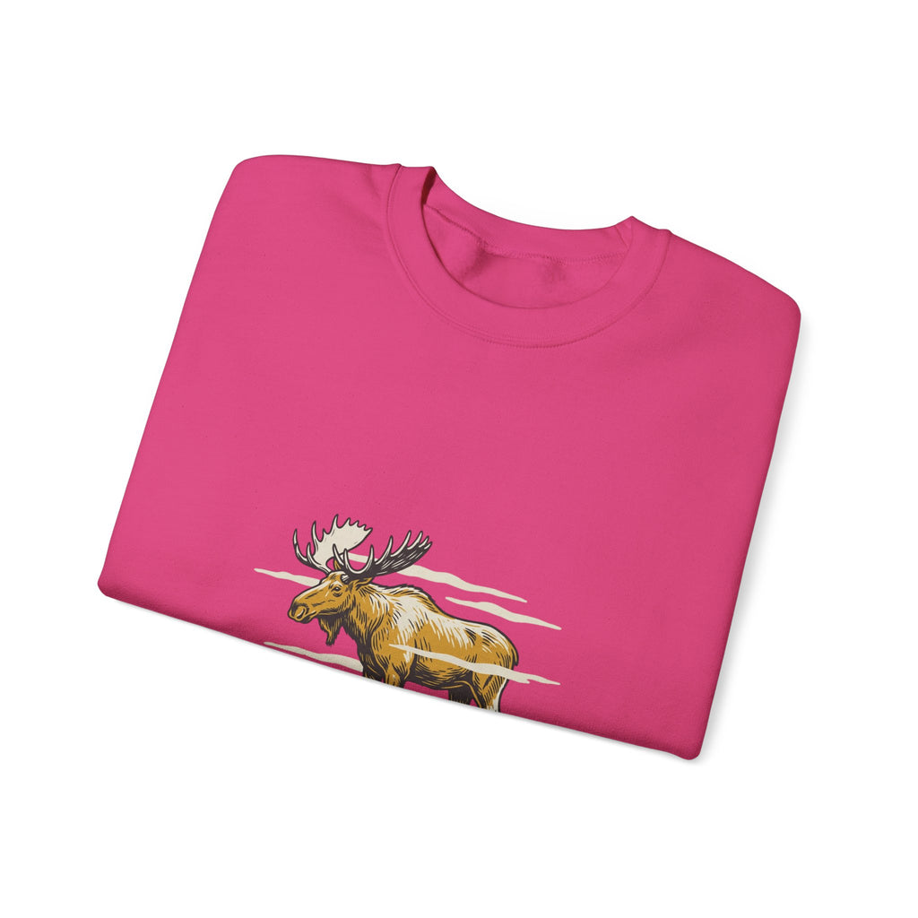 Heliconia North Woods Moose Crewneck folded to show the moose graphic