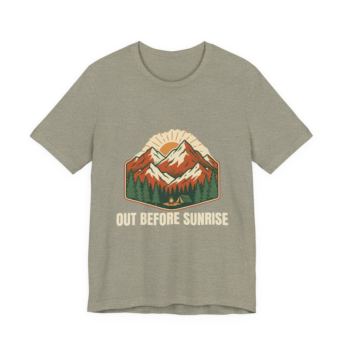 Mountain Sunrise Tee in Heather Stone, front view with a retro mountain sunrise and evergreen graphic above the words 'Out Before Sunrise'