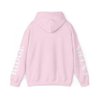 Back of the Light Pink Mountain Lake Hoodie, showing the lettering down both sleeves