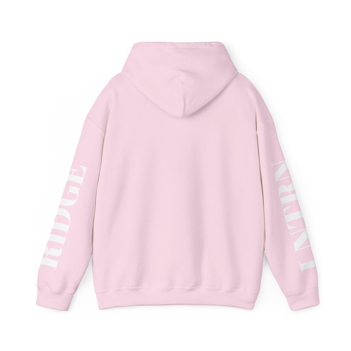 Back of the Light Pink Mountain Lake Hoodie, showing the lettering down both sleeves