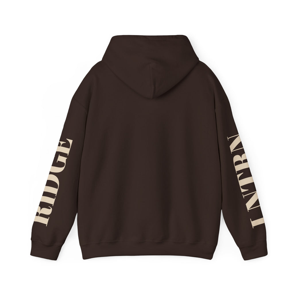 Back of the Dark Chocolate Mountain Lake Hoodie, showing the lettering down both sleeves