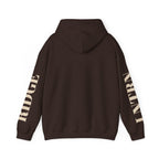 Back of the Dark Chocolate Mountain Lake Hoodie, showing the lettering down both sleeves