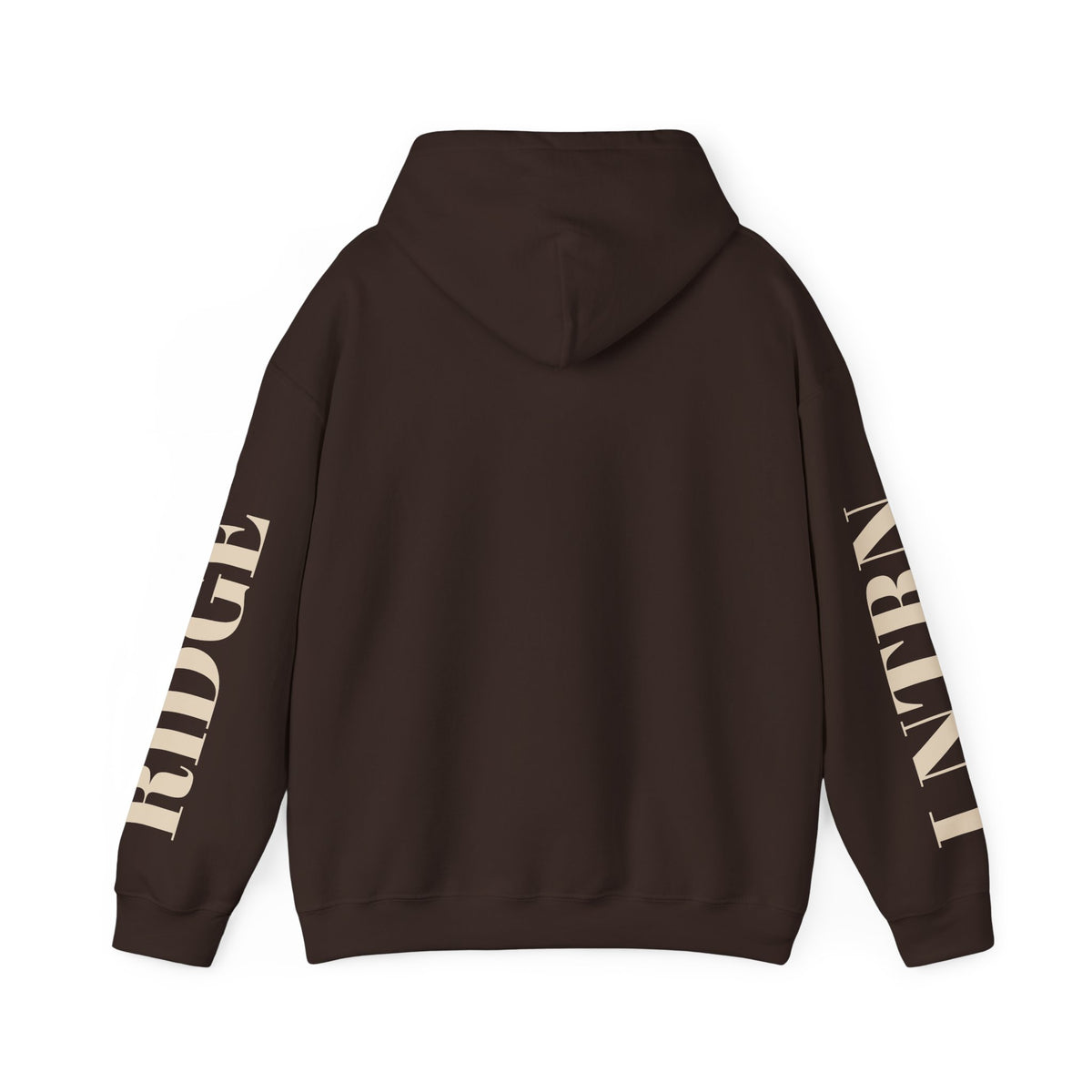 Back of the Dark Chocolate Mountain Lake Hoodie, showing the lettering down both sleeves
