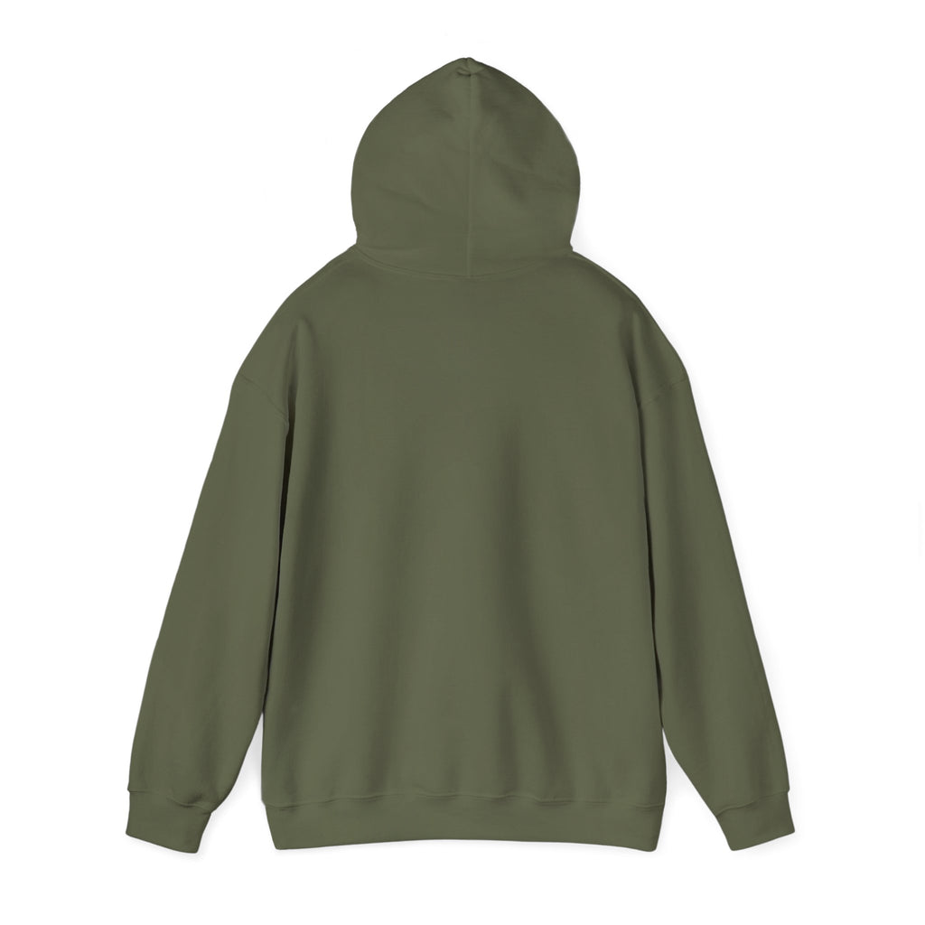 Back of the Military Green Home Is Where I Park It Hoodie with the hood up