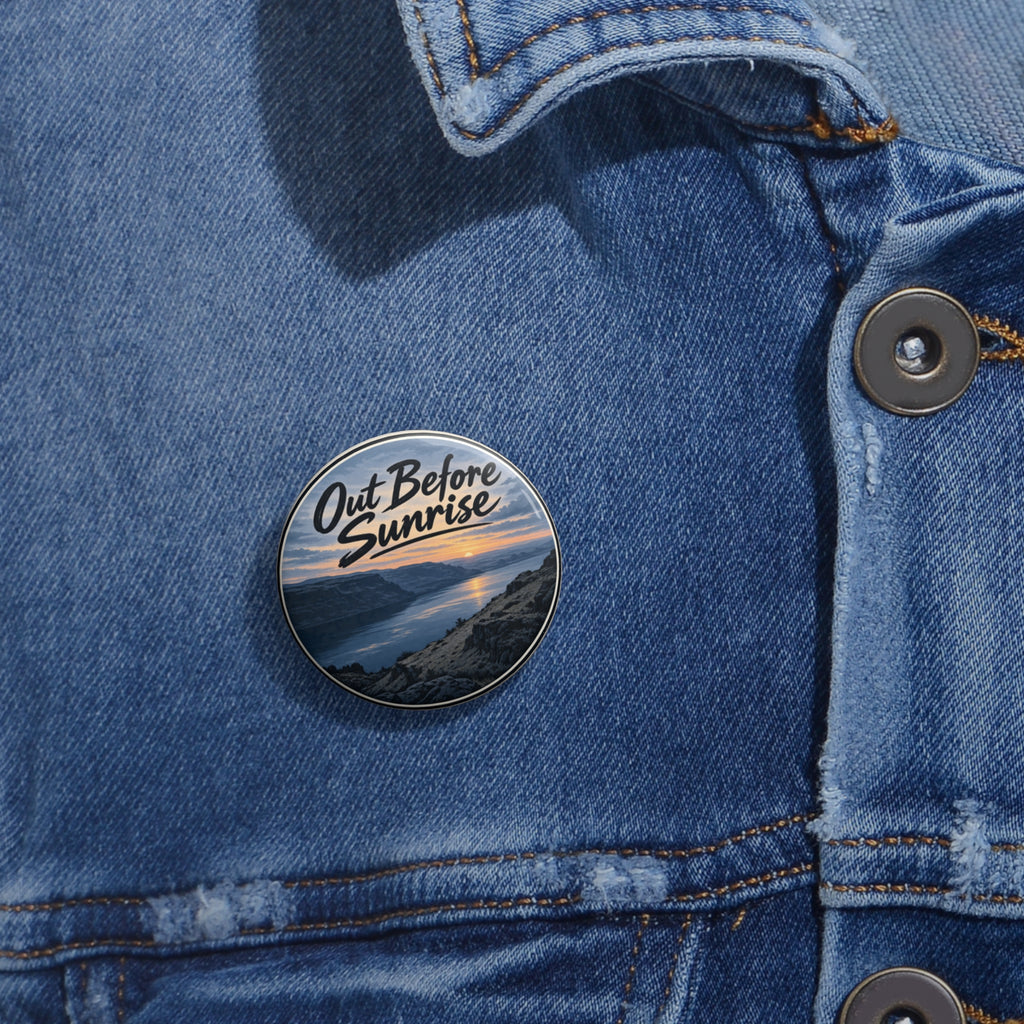 Out Before Sunrise pin button worn on a denim jacket