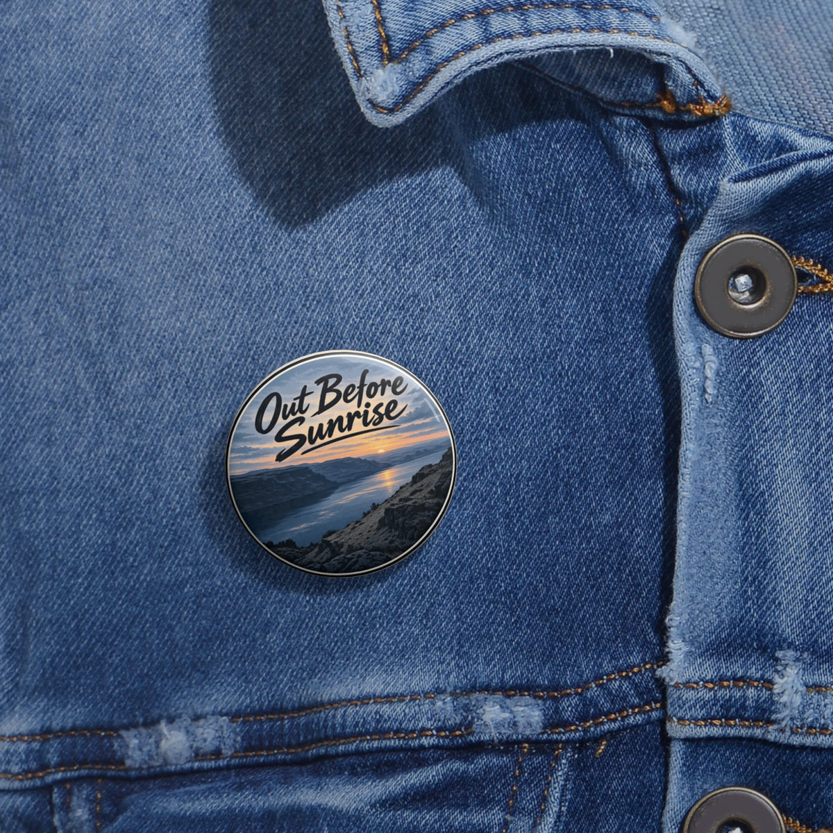 Out Before Sunrise pin button worn on a denim jacket