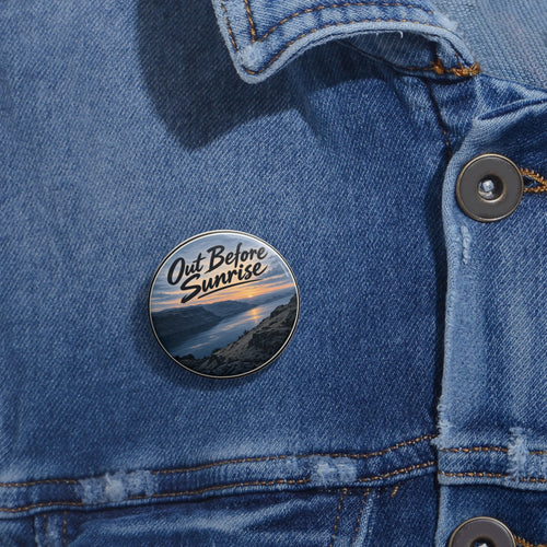 Out Before Sunrise pin button worn on a denim jacket