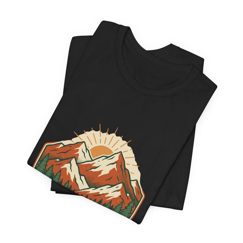 Black Mountain Sunrise Tee folded to show the mountain sunrise graphic