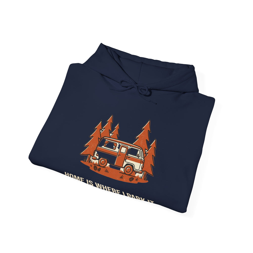 Navy Home Is Where I Park It Hoodie folded to show the camper van graphic