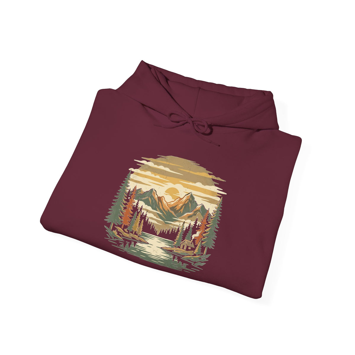 Maroon Mountain Lake Hoodie folded to show the mountain lake chest graphic