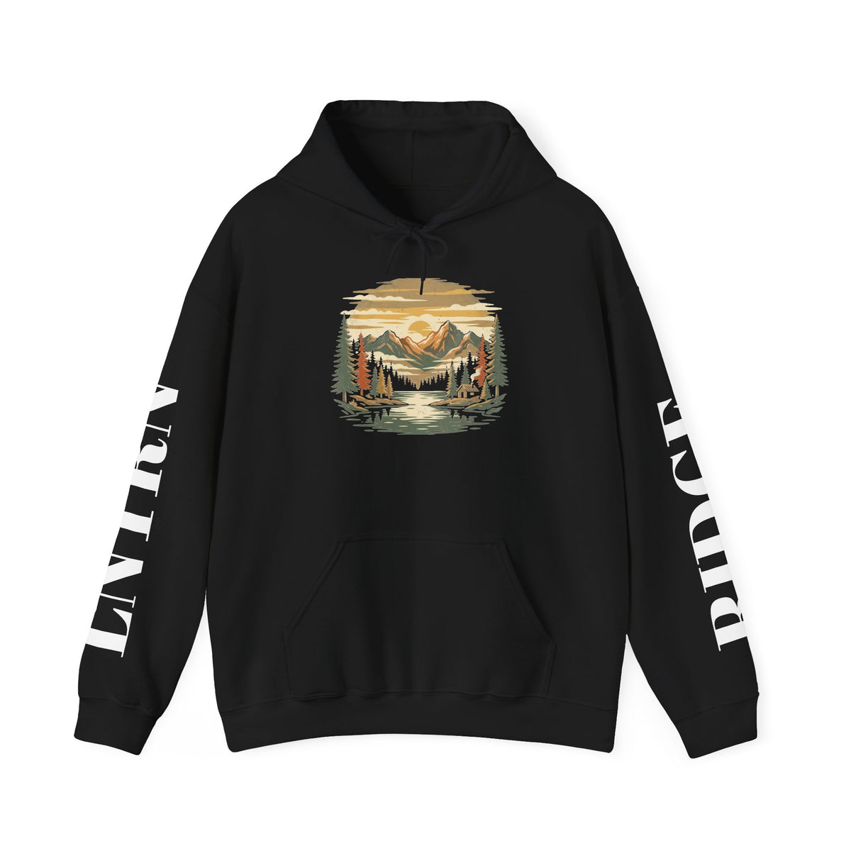 Mountain Lake Hoodie in Black, front view with a vintage mountain lake and evergreen graphic on the chest and lettering down the sleeves