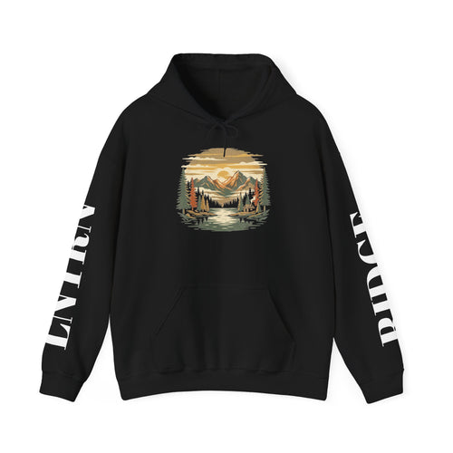 Mountain Lake Hoodie in Black, front view with a vintage mountain lake and evergreen graphic on the chest and lettering down the sleeves