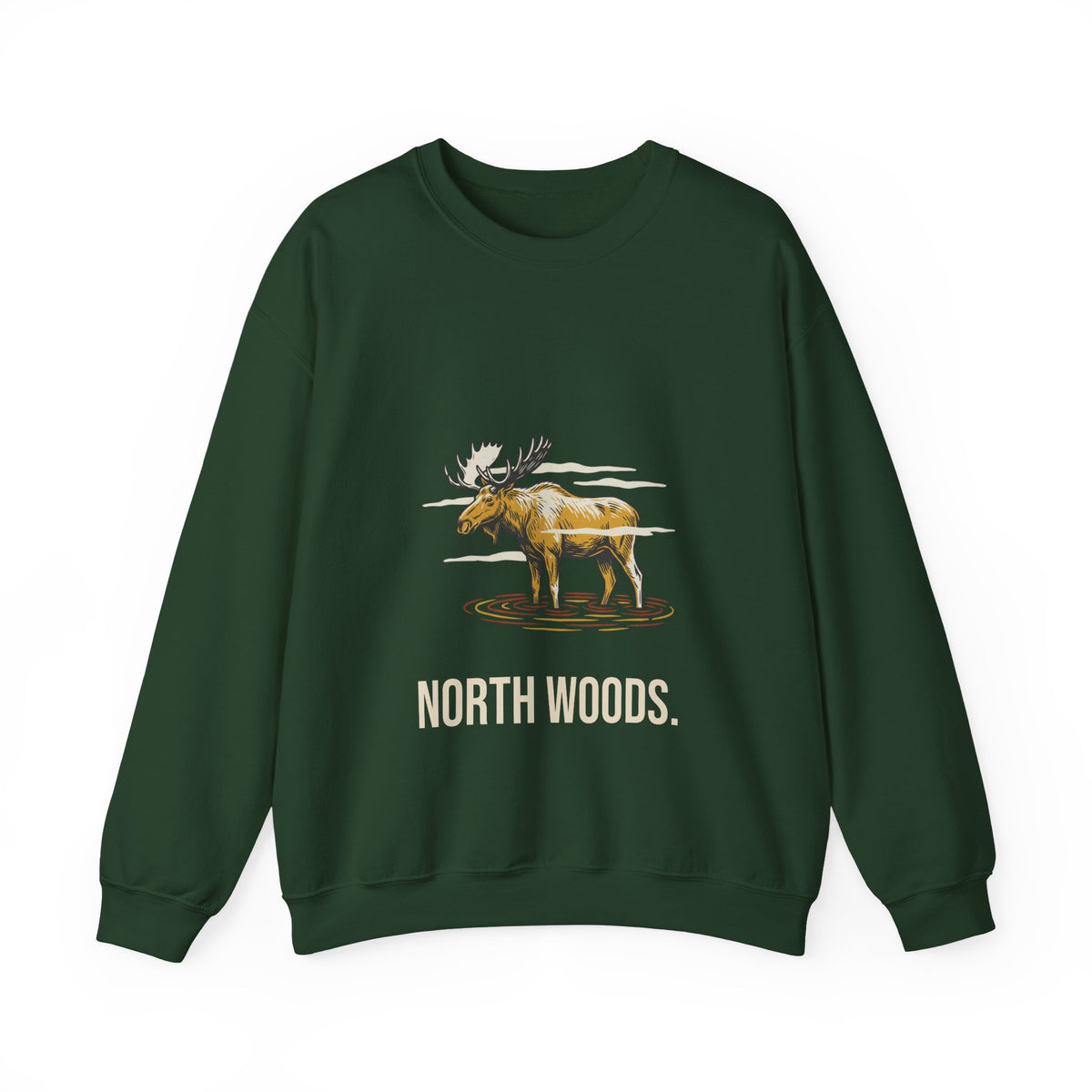 North Woods Moose Crewneck in Forest Green, front view with a bull moose standing in a misty lake above the words 'North Woods.'