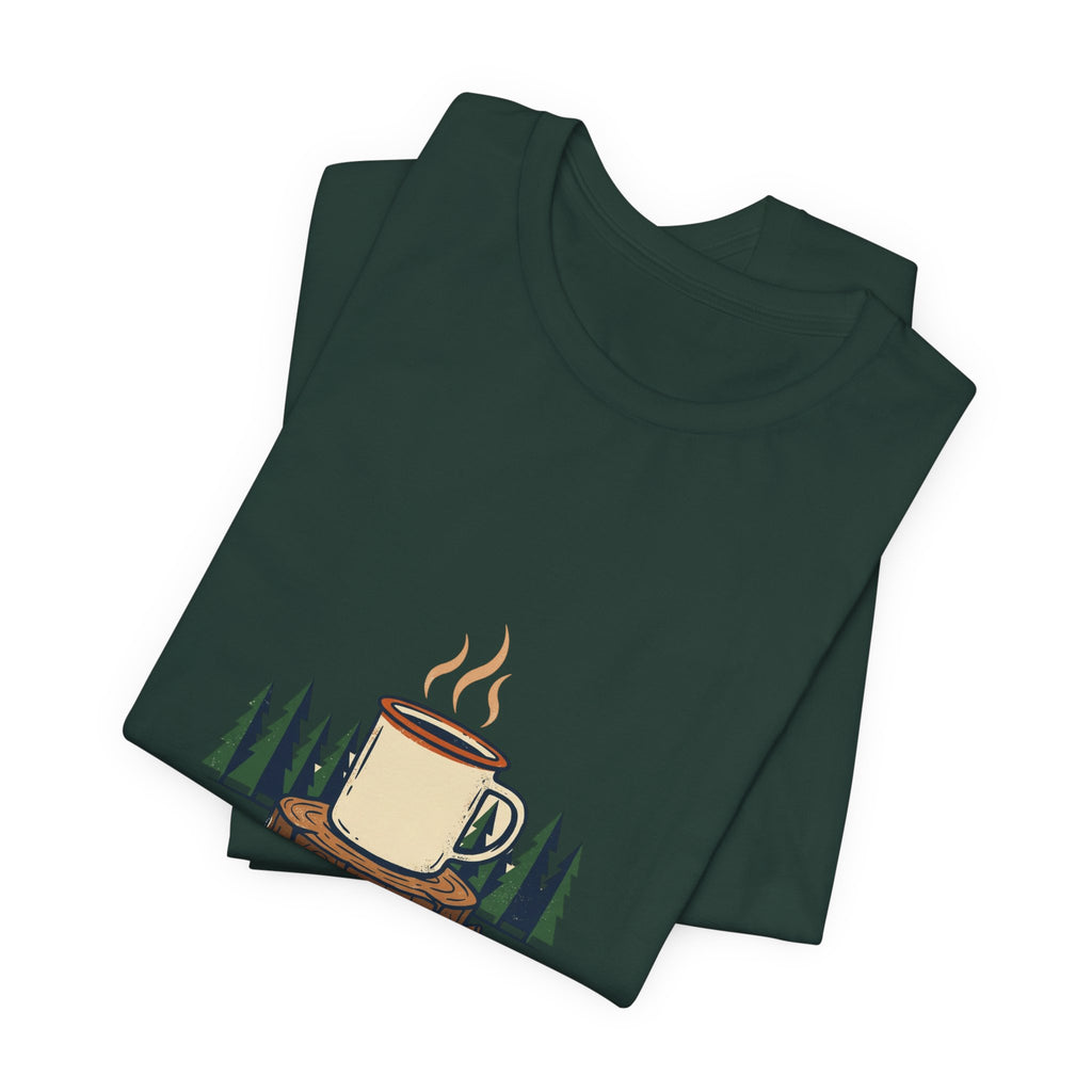 Forest Cold Camp, Good Coffee Tee folded to show the coffee mug graphic