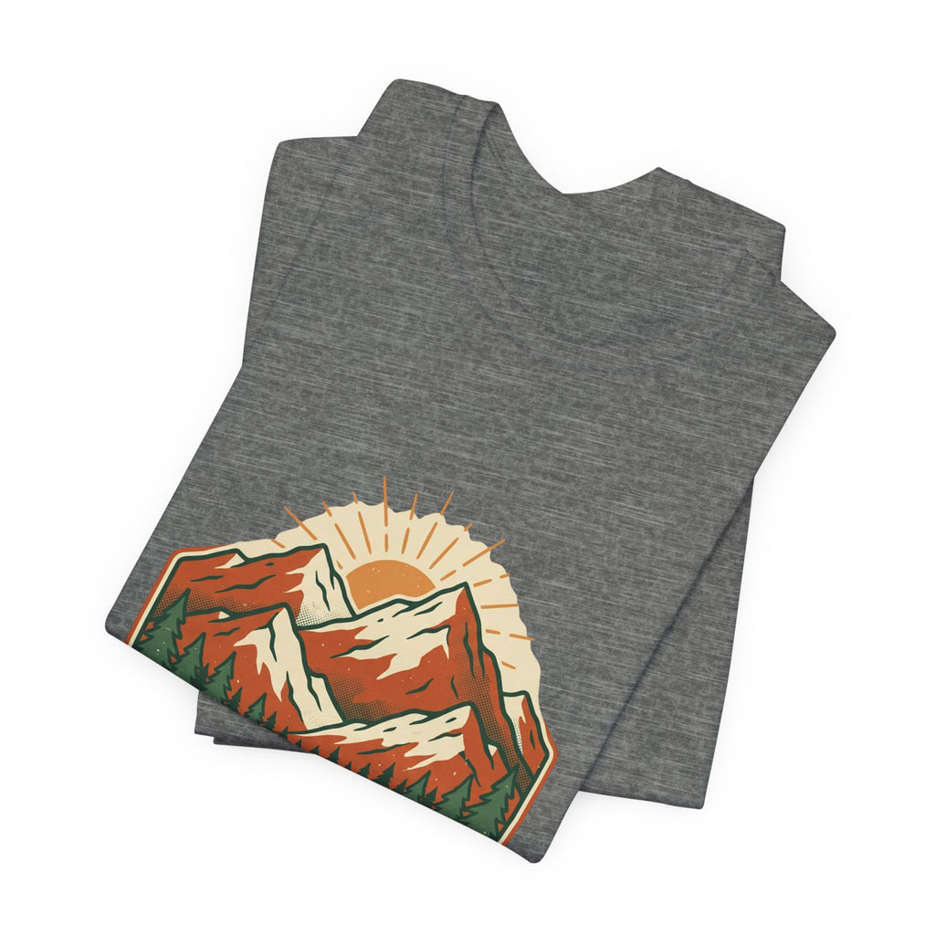 Deep Heather Mountain Sunrise Tee folded to show the mountain sunrise graphic