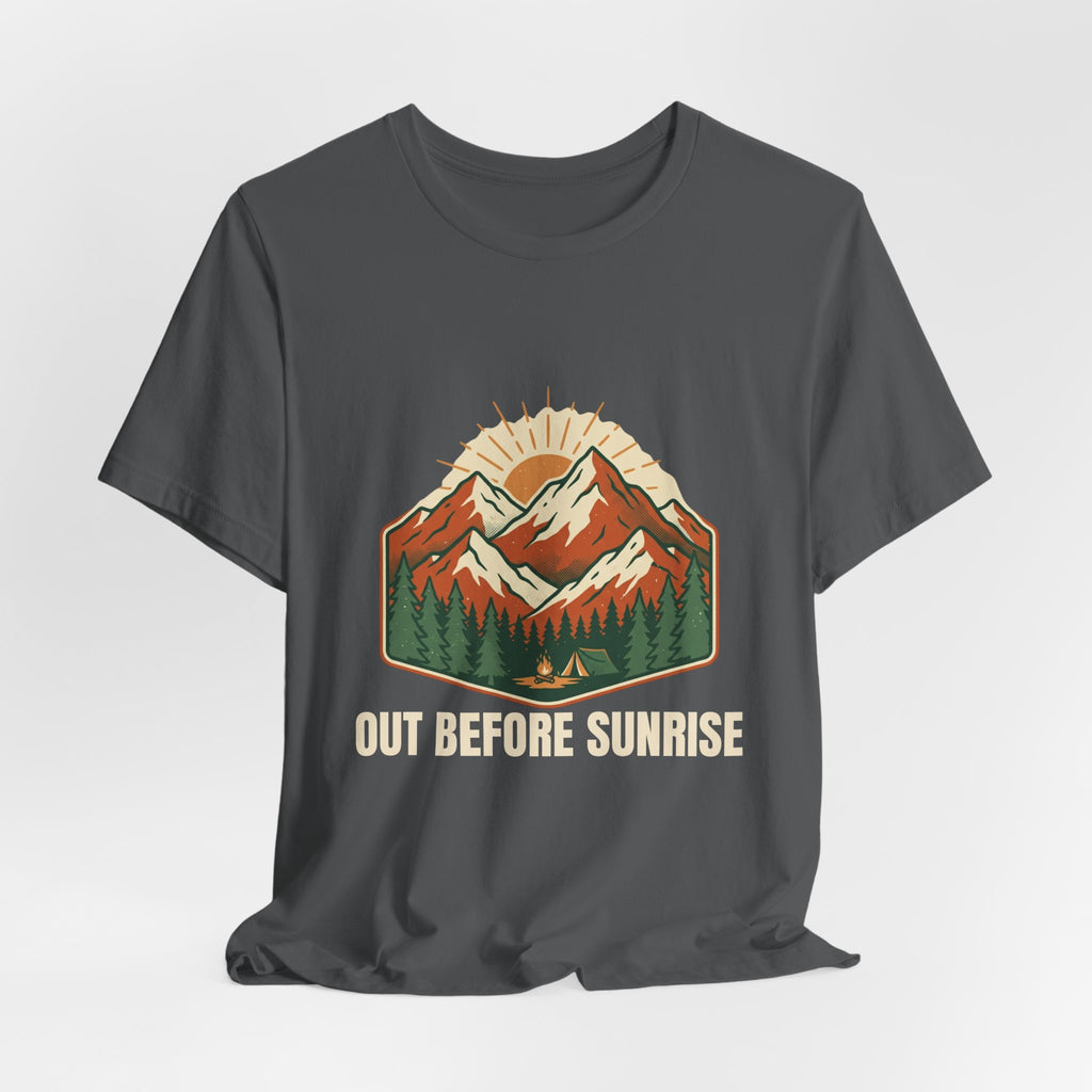 Asphalt Mountain Sunrise Tee laid flat, showing the Out Before Sunrise graphic