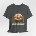 Asphalt Mountain Sunrise Tee laid flat, showing the Out Before Sunrise graphic